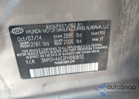 2015 Hyundai Elantra Se from USA, damaged, VIN 5NPDH4AE2FH595652